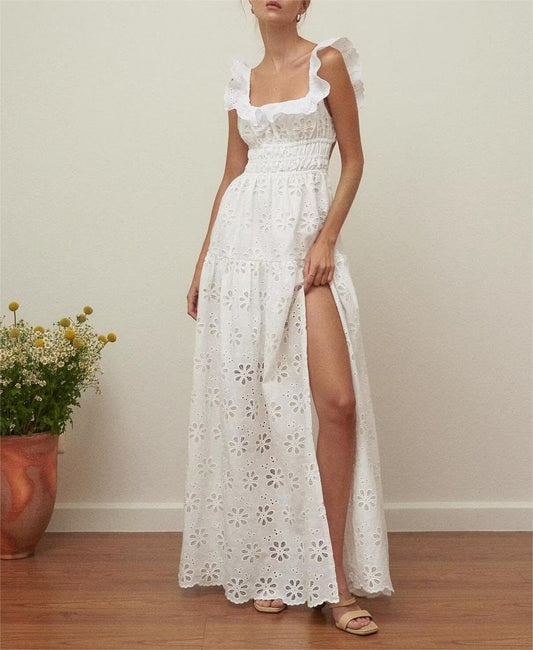 Spring Dresses 2024 | Floral Embroidery Flutter Sleeves Cotton Maxi Dress
