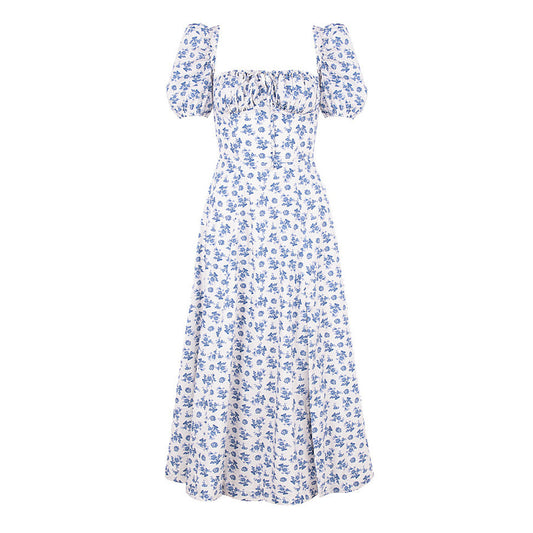 Spring Outfits 2024 | French Blue Floral Puff Sleeve Maxi Dress