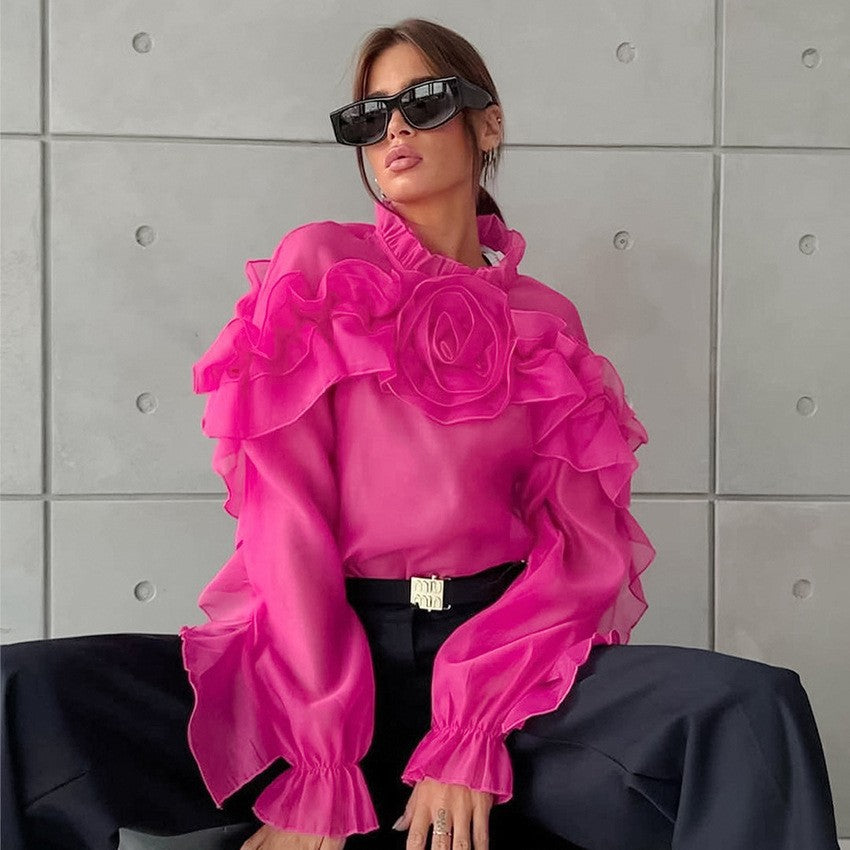 Spring Outfits 2024 | 3D Floral See Through Long Sleeve Blouse Shirt