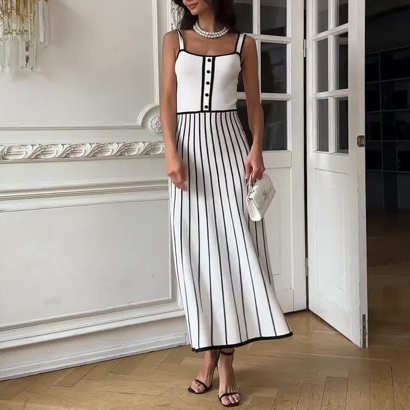 The Camille Dress Striped Patchwork Knit Midi with a Backless French Twist S / White The Camille Dress Striped Patchwork Knit Midi with a Backless French Twist S / White