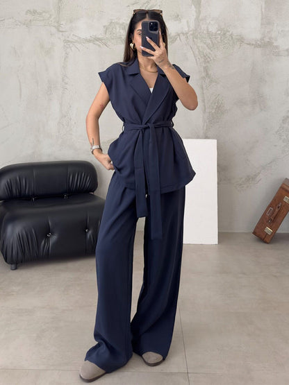 Casual Spring Outfits | Belted Kimono Top Wide Leg Pants Outfit 2-piece Set