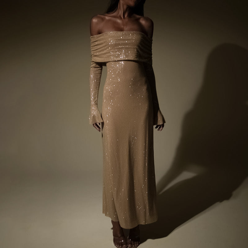 NYE Outfits 2024 | Elegant Glitter Off Shoulder Maxi Dress