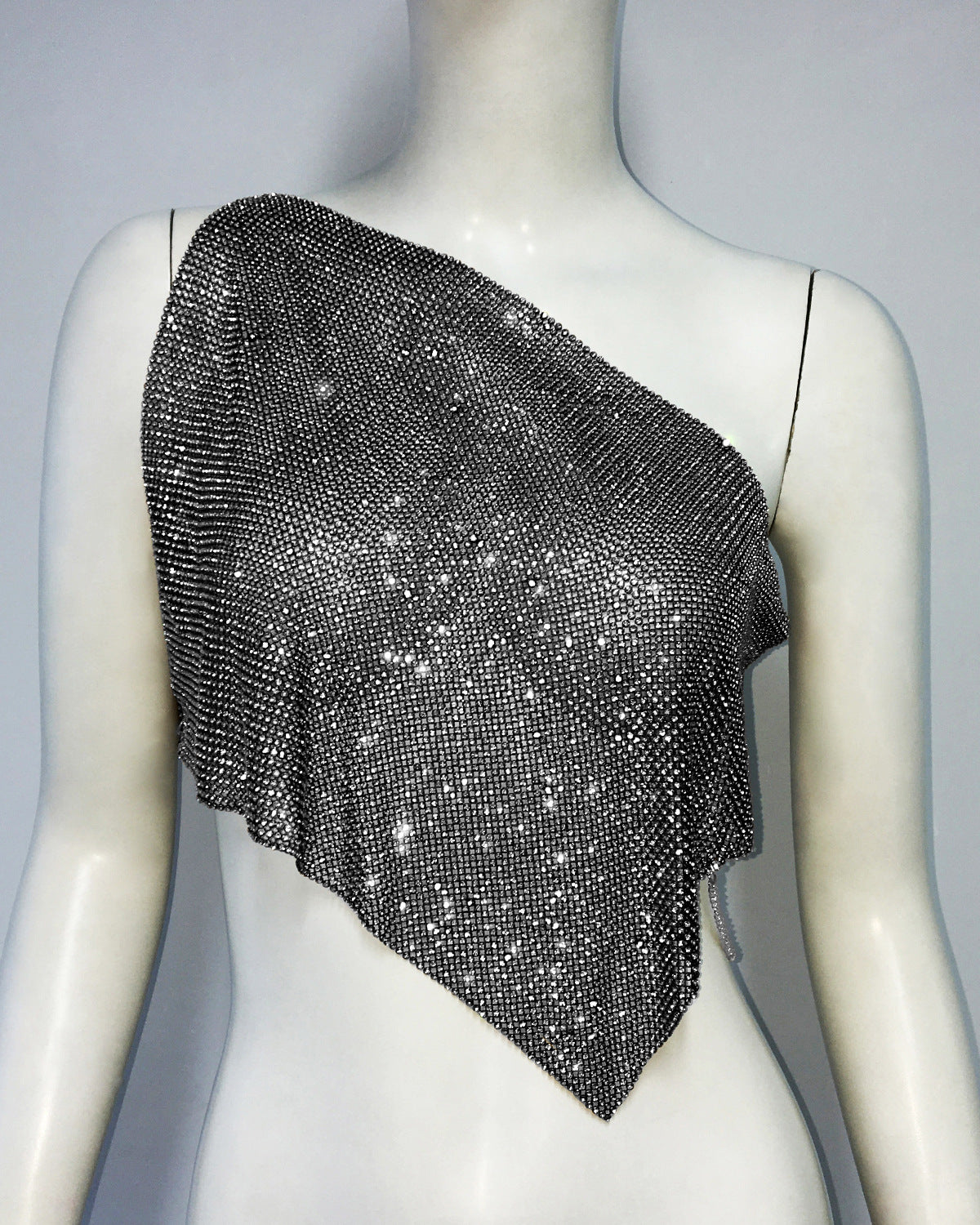 2024 Fashion Trends | Metallic Diamond Rhinestone One Shoulder Top
