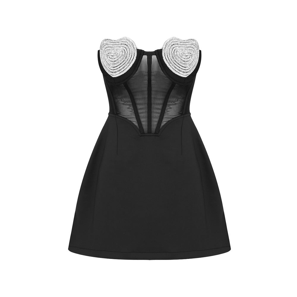Black Mini Dress | Rhinestone See Through Corset Mini Dress
