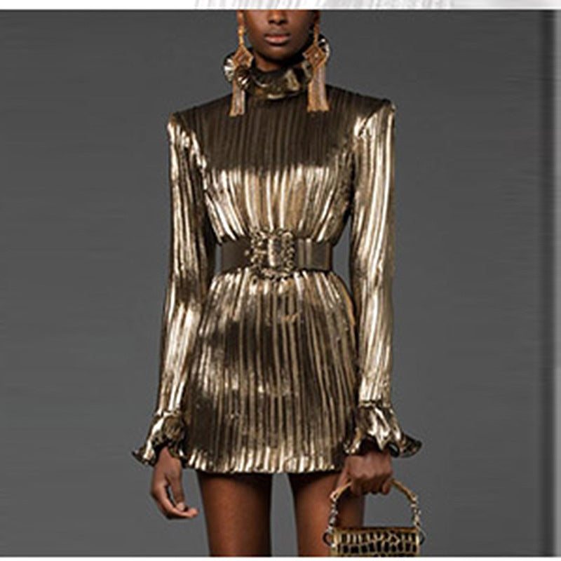 NYE Outfits 2024 | Silver Chrome and Gold Long Sleeve Pleated Mini Dress with Belt