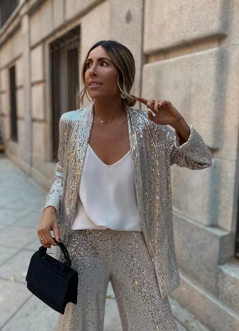 2024 Metallic Outfits | Glitter Sequin Blazer Wide Leg Pants Outfit