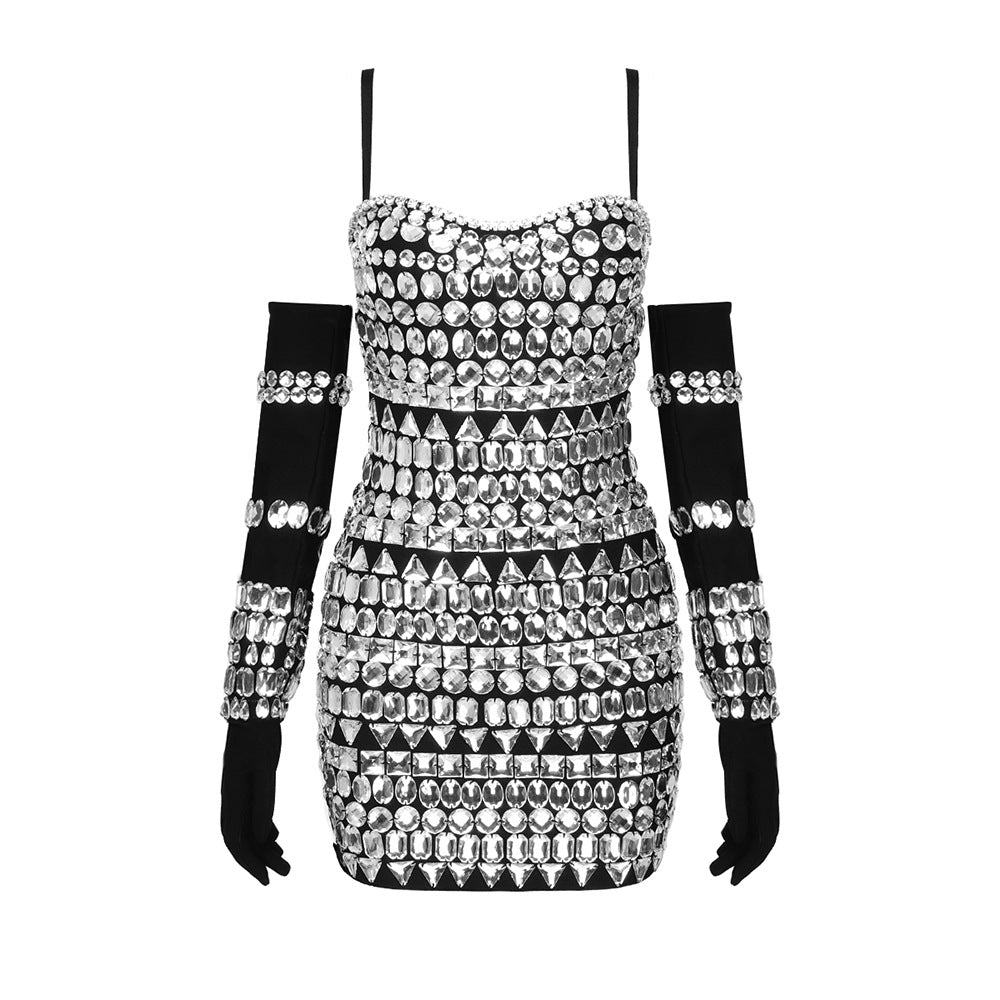 Fashion Outfits 2023 | Euphoria Rhinestone Tube Top Mini Dress and Opera Gloves