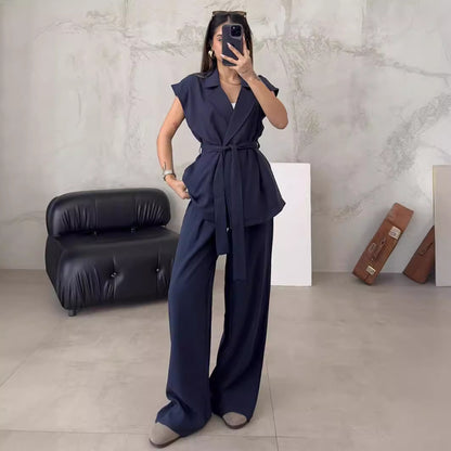 Casual Spring Outfits | Belted Kimono Top Wide Leg Pants Outfit 2-piece Set