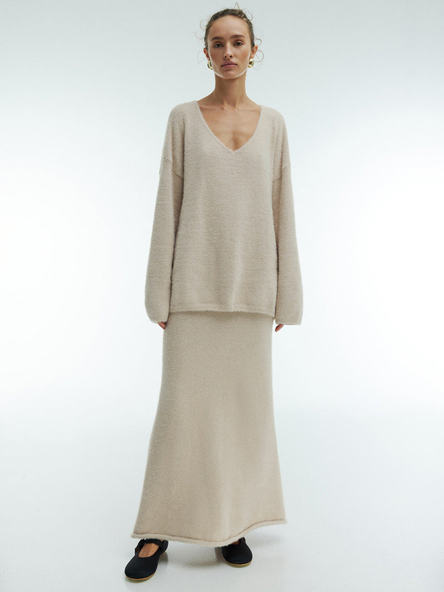Elegant V-Neck Sweater Suit for Women - Loose Fit Knitted Top & High Rise Midi Skirt Set | Autumn Winter Office Style