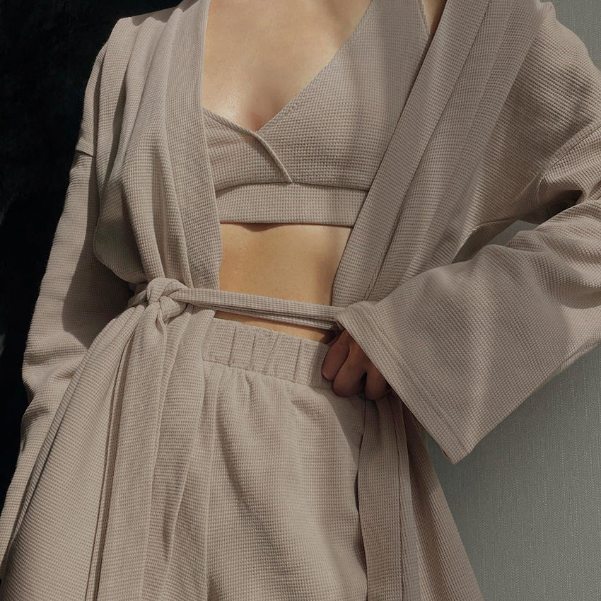 Fall Outfits | White Wafftle Vest Shirt Shorts Outfits 3-piece Set