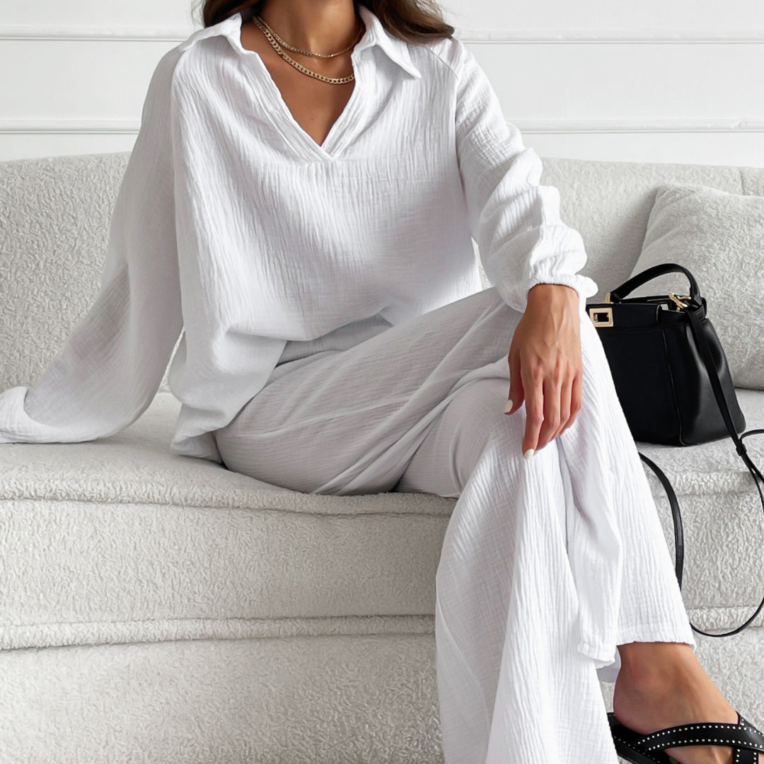 Spring Fits | Modest Summer Outfits Cotton Long Sleeve V Neck Shirt Pants Outfits 2-piece Set Sizes S-L