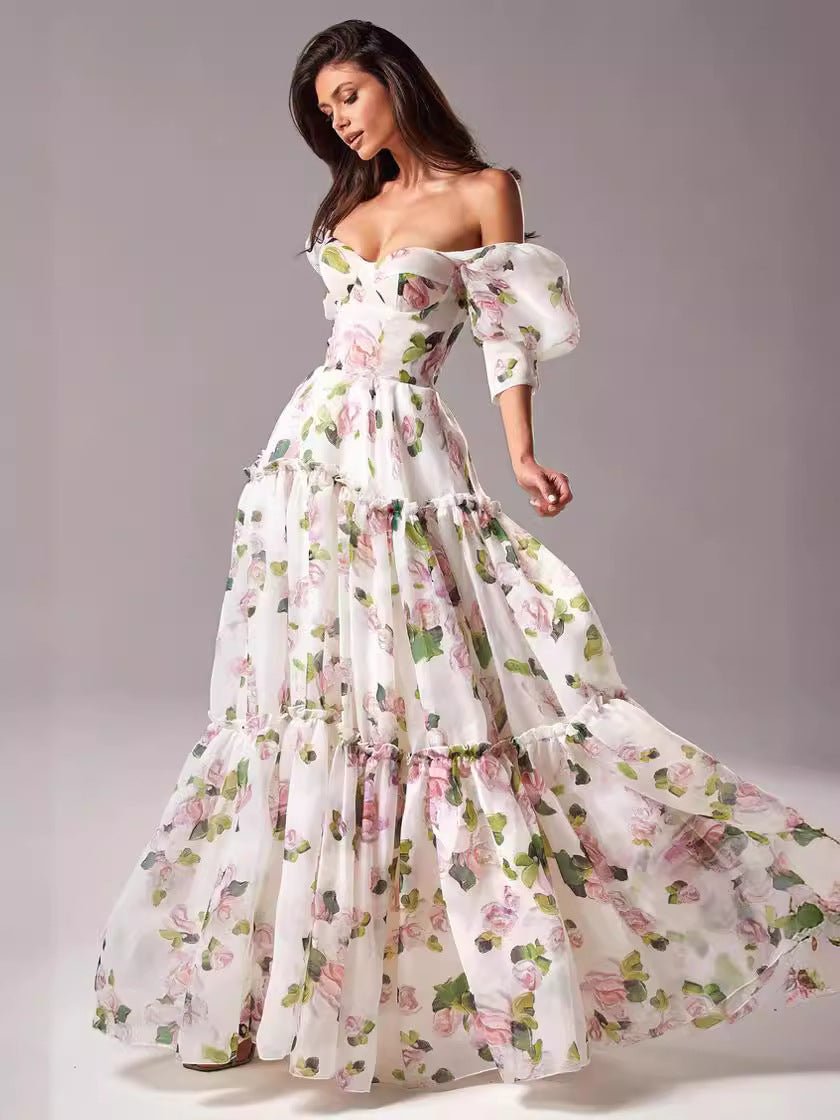 Spring Dresses 2024 | Elegant Ruffles Off Shoulder Floral Organza Maxi Spring Dress