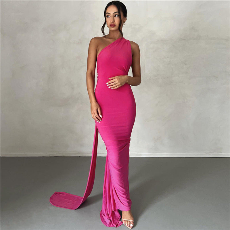 Summer Dresses 2023 | Hot Pink Backless Halter One Shoulder Dress