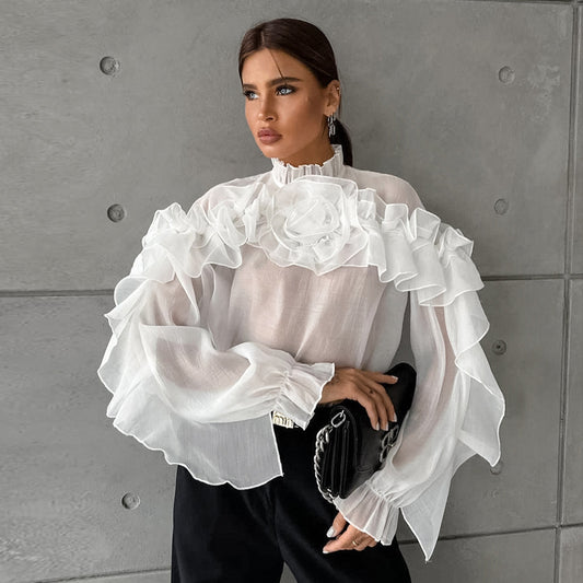 Spring Outfits 2024 | 3D Floral See Through Long Sleeve Blouse Shirt