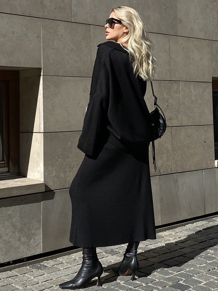 Minimalist V-Neck Sweater Suit - Loose Fit Solid Color Midi Skirt & Collared Sweater Set