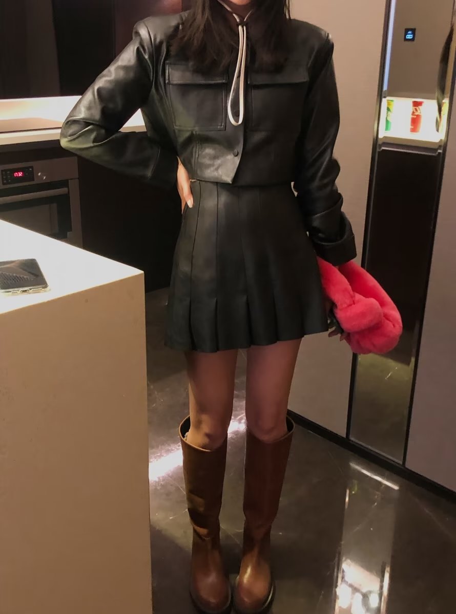 Leather Outfits | Black Aesthetic Leather Skirt & Cropped Leather Jacket Outfit 2-piece set