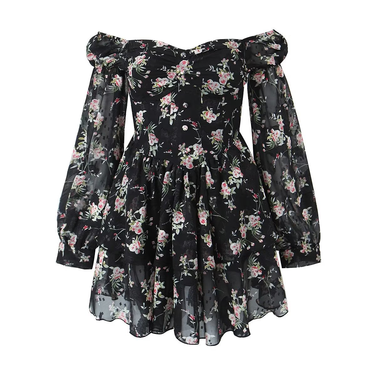 2023 Fashion Trends | Black Floral Brown Aesthetic Ruffles Mini Dress S / Black 2023 Fashion Trends | Black Floral Brown Aesthetic Ruffles Mini Dress S / Black