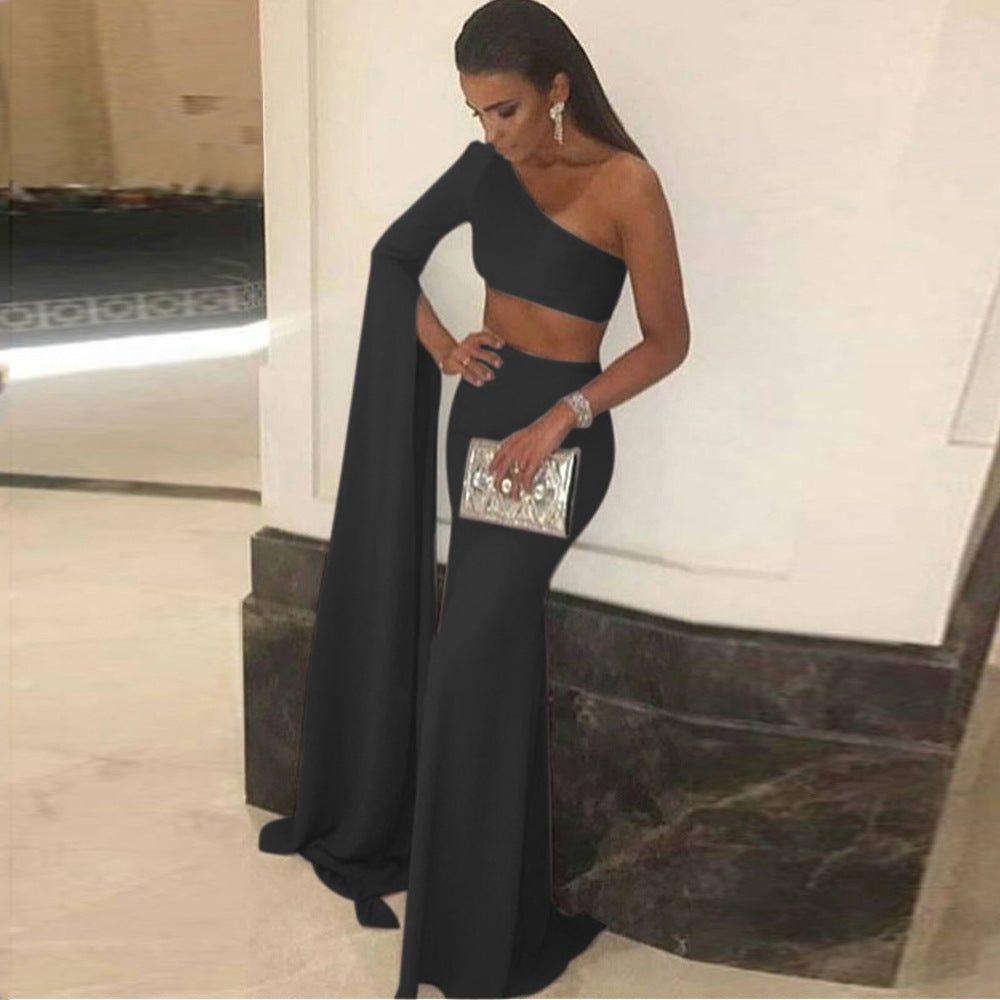Evening Gowns | Minimalist One Shoulder Aesthetic Crop Top Skirt Outfit 2-piece Set