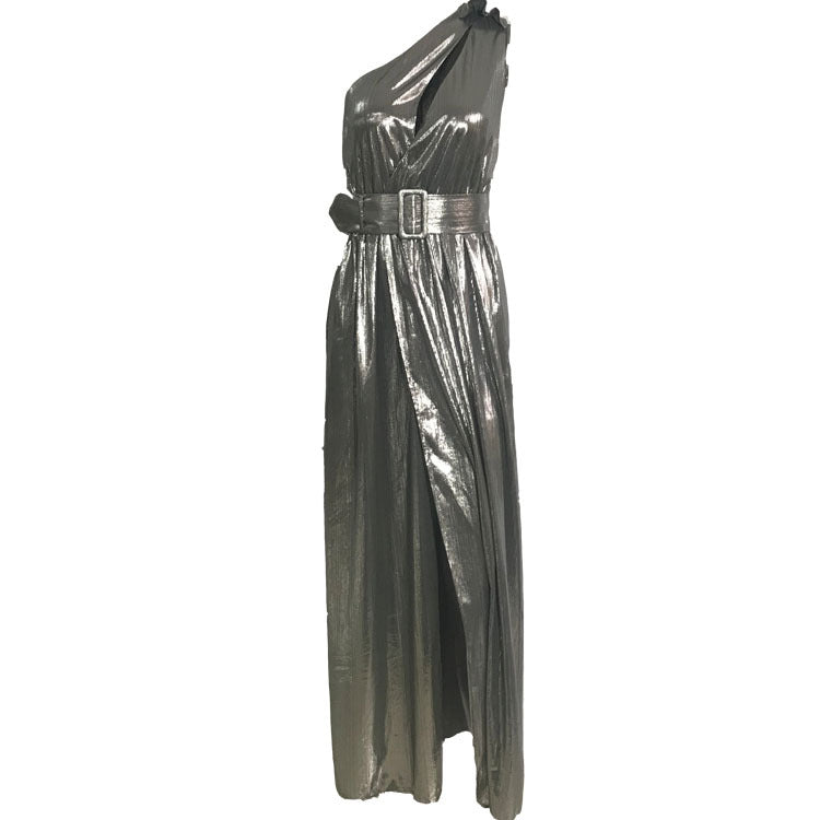 Winter Formal Dresses | One Shoulder Cut Out Silver Chrome Metallic Pleated Dress L / Ice Silver Winter Formal Dresses | One Shoulder Cut Out Silver Chrome Metallic Pleated Dress L / Ice Silver