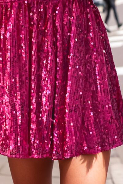 Pink Sequin Radiance Romper | Square Neck Balloon Sleeve Party Outfit