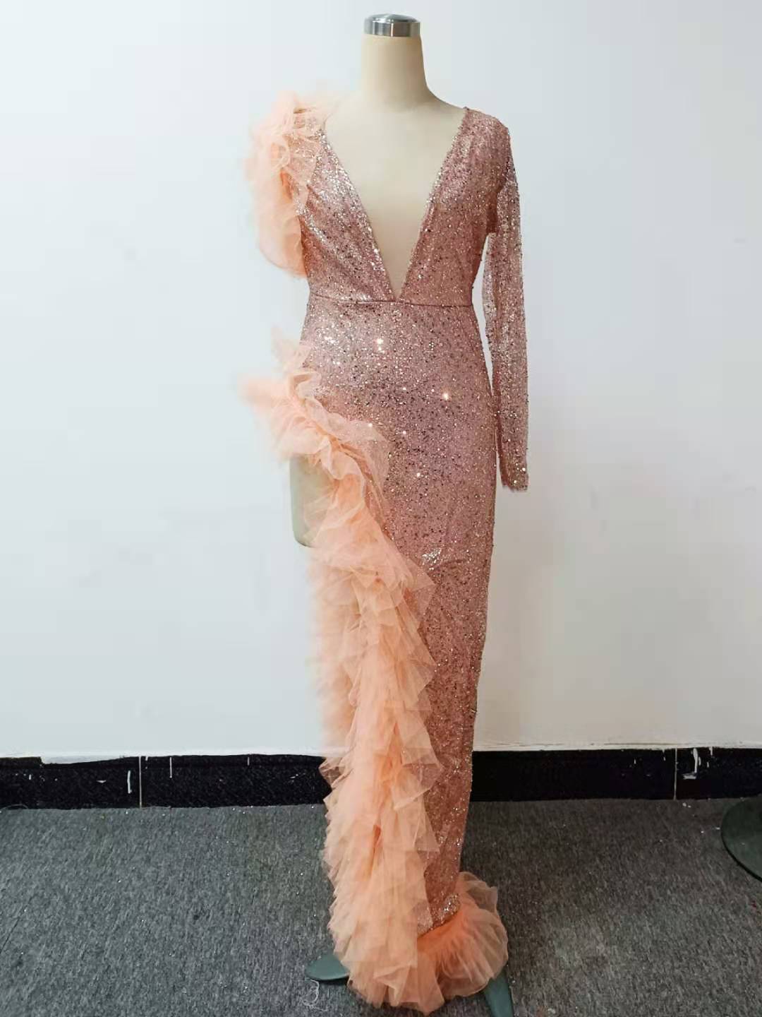 Fancy Dresses | Pink Feather and Glitter Rhinestone Evening Dress