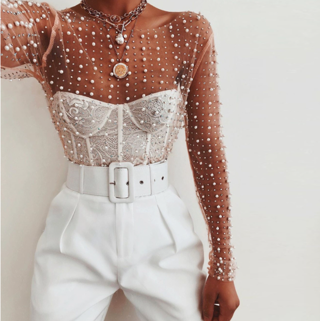 Euphoria Outfits |See-through Diamond Beads Mesh Crop Top