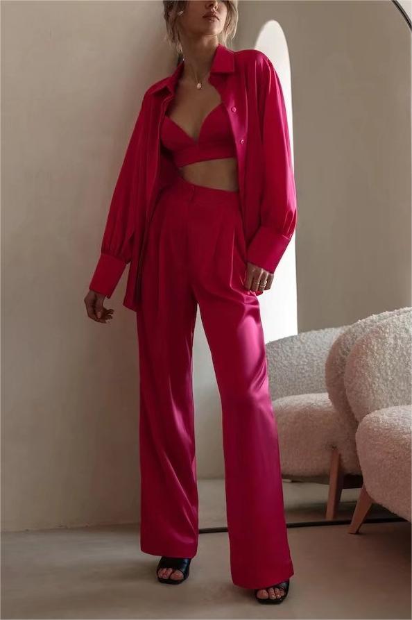 Elegant Silk Outfits  Hot Pink Aesthetic Silk Shirt and Hot Pink