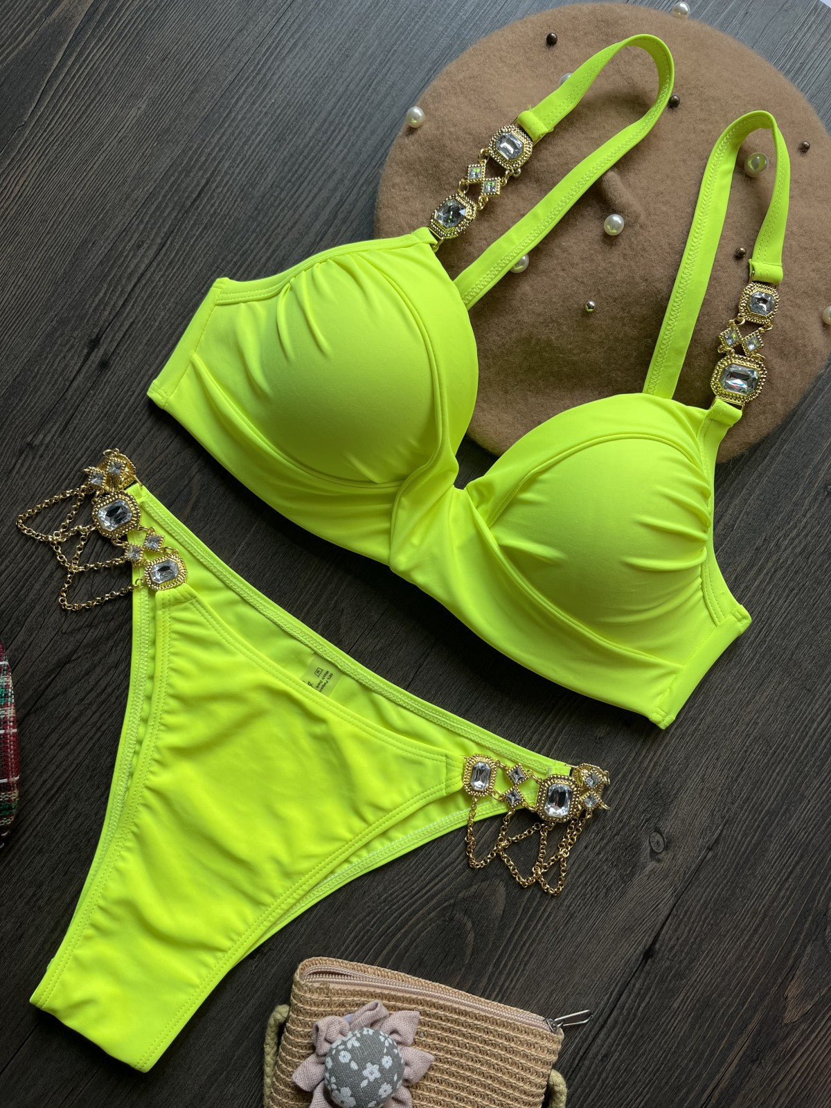 Summer Outfits 2023 | Neon Yellow Aesthetic Rhinestones Diamond Gems Bikini Swimsuit