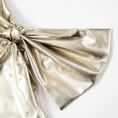 2024 Fashion Trends | Gold 3D Bow Metallic Mini Dress