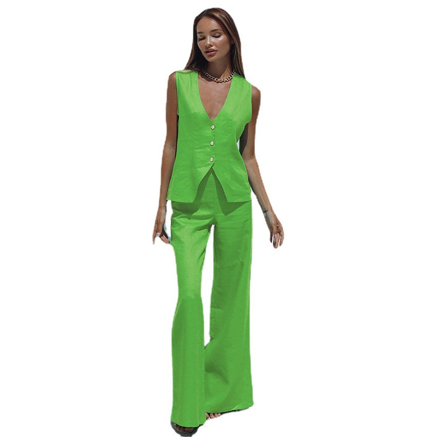 Outfits | Cotton High Waist Wide Leg Pants & Vest 2-piece Set, in Electric Green/ Black
