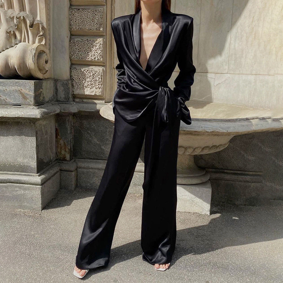 Silk Satin Outfits  Black Aesthetic Silk Pants Outfit 2-piece Set