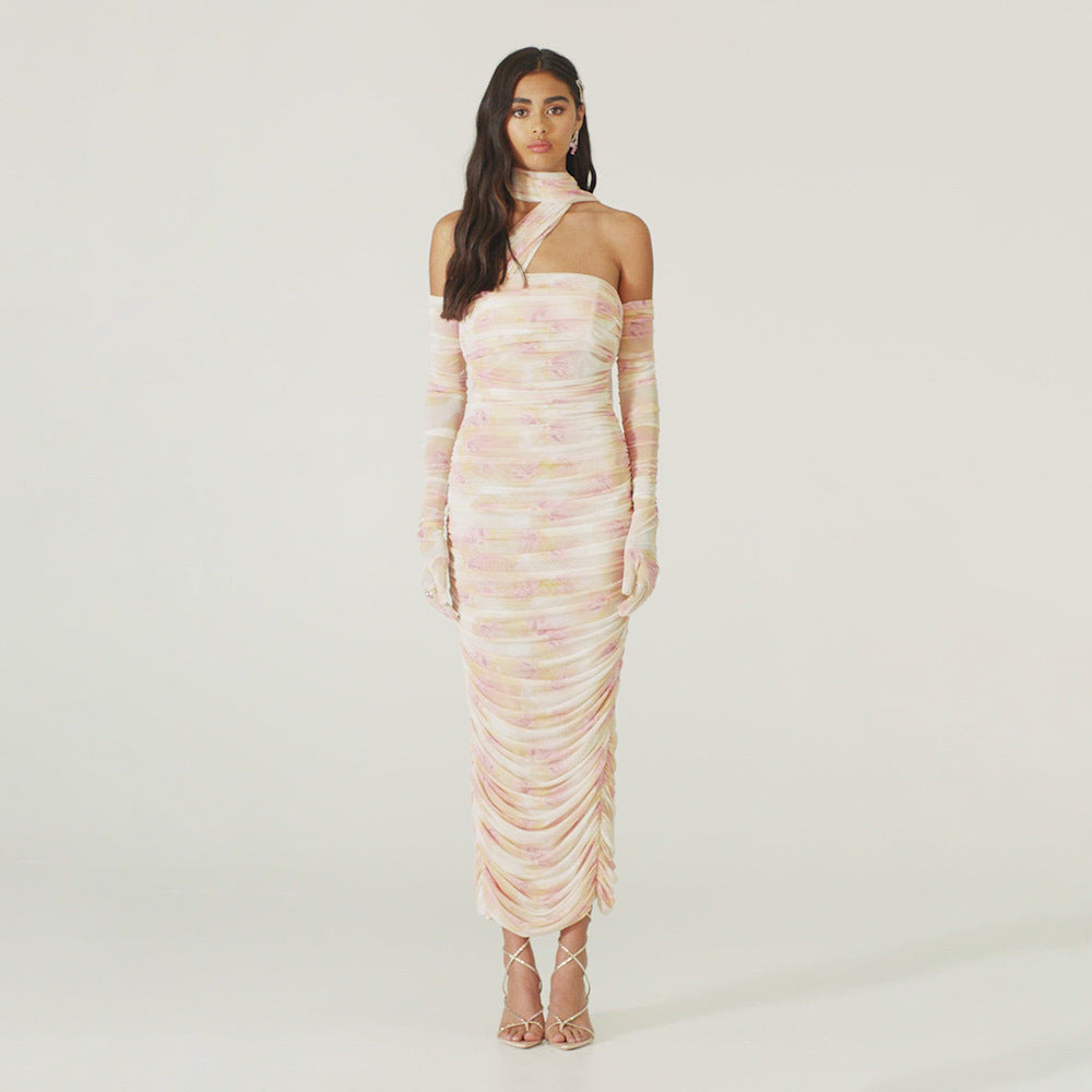 Elegant Summer Dresses | Summer Pink Opera Gloves Pleated Tube Top Halter Scarf Dress S / Multi Elegant Summer Dresses | Summer Pink Opera Gloves Pleated Tube Top Halter Scarf Dress S / Multi