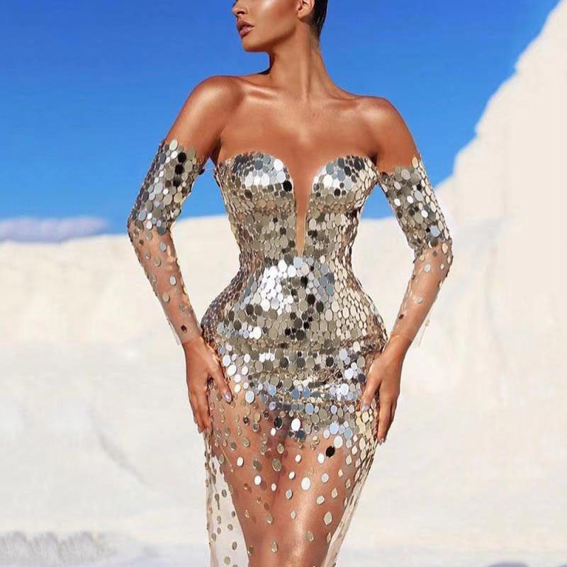 NYE Dresses | Gold Sequined off Shoulder See through Long Fancy Dress