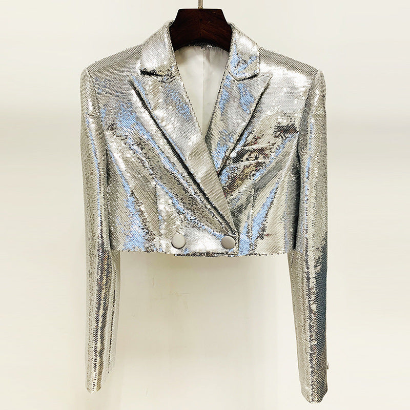 Silver Aesthetic Outfits | Silver Metallic Sequined Cropped Blazer Mini Skirt Outfit 2-piece Set