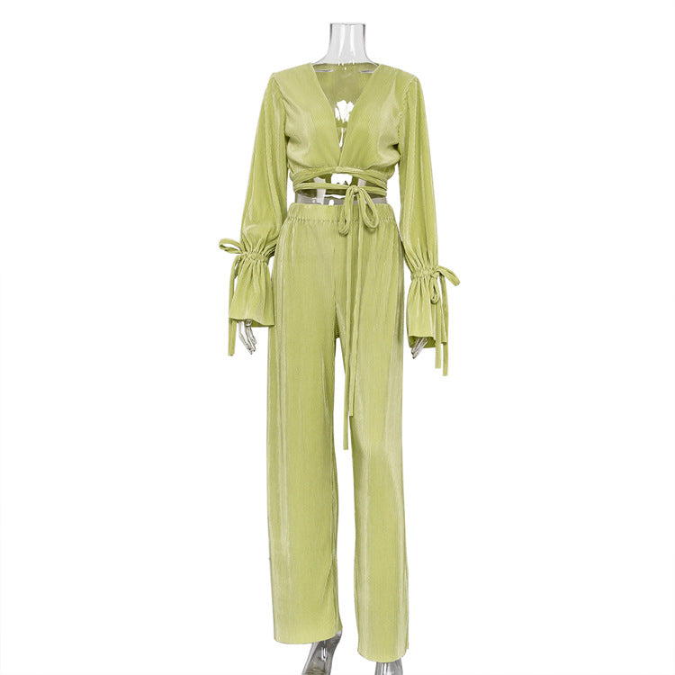 Spring Outfits 2022 | Green Aesthetic Vintage Pleated Crop Top Wide Leg Pants Outfit 2-piece Set