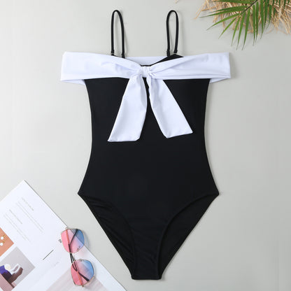 Summer Outfits | Classic Black and White Off Shoulder One Piece Swimsuit