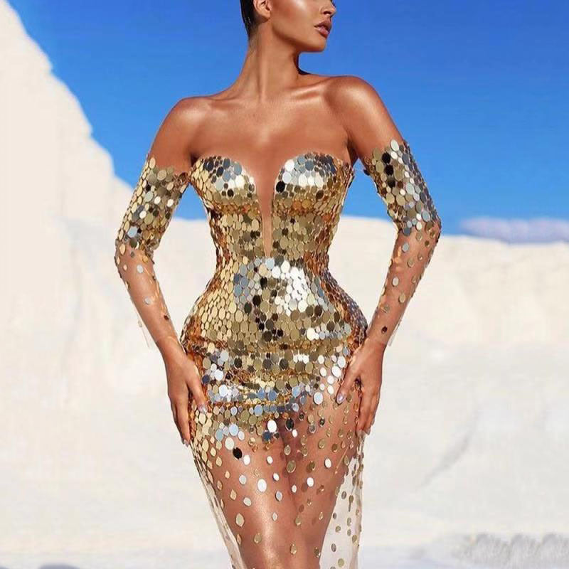 Buy Elegant Lady Red Gold Sequin Long Tail Off Shoulder Party Dress -  Turkeyfamousfor