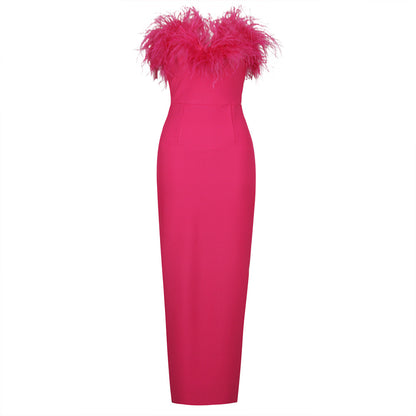 Elegant Summer Dresses | Hot Pink Summer Feathers Tube Top Pencil Dress