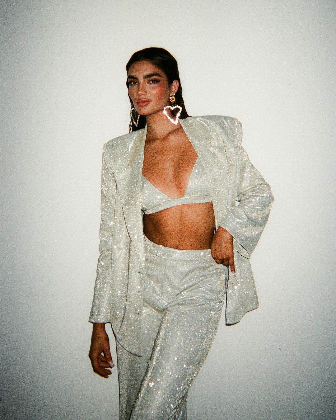 Euphoria Outfits | Silver Glitter Blazer Crop Top Wide Leg Pants 3-piece Set.