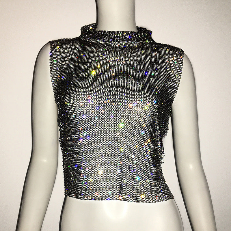 2023 Fashion Trends | Glitter Aesthetic Luxury Diamond Rhinestone Turtleneck Vest
