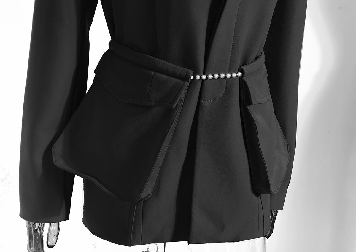 Fall 2023 Fashion Trends | Pink Pearl Pockets Chain Long Blazer,