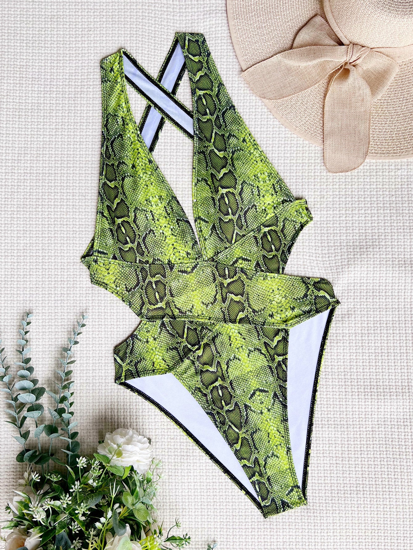Resort Vacation Outfits | Green Aesthetic Snake Print Cut Out  One-Piece Swimsuit