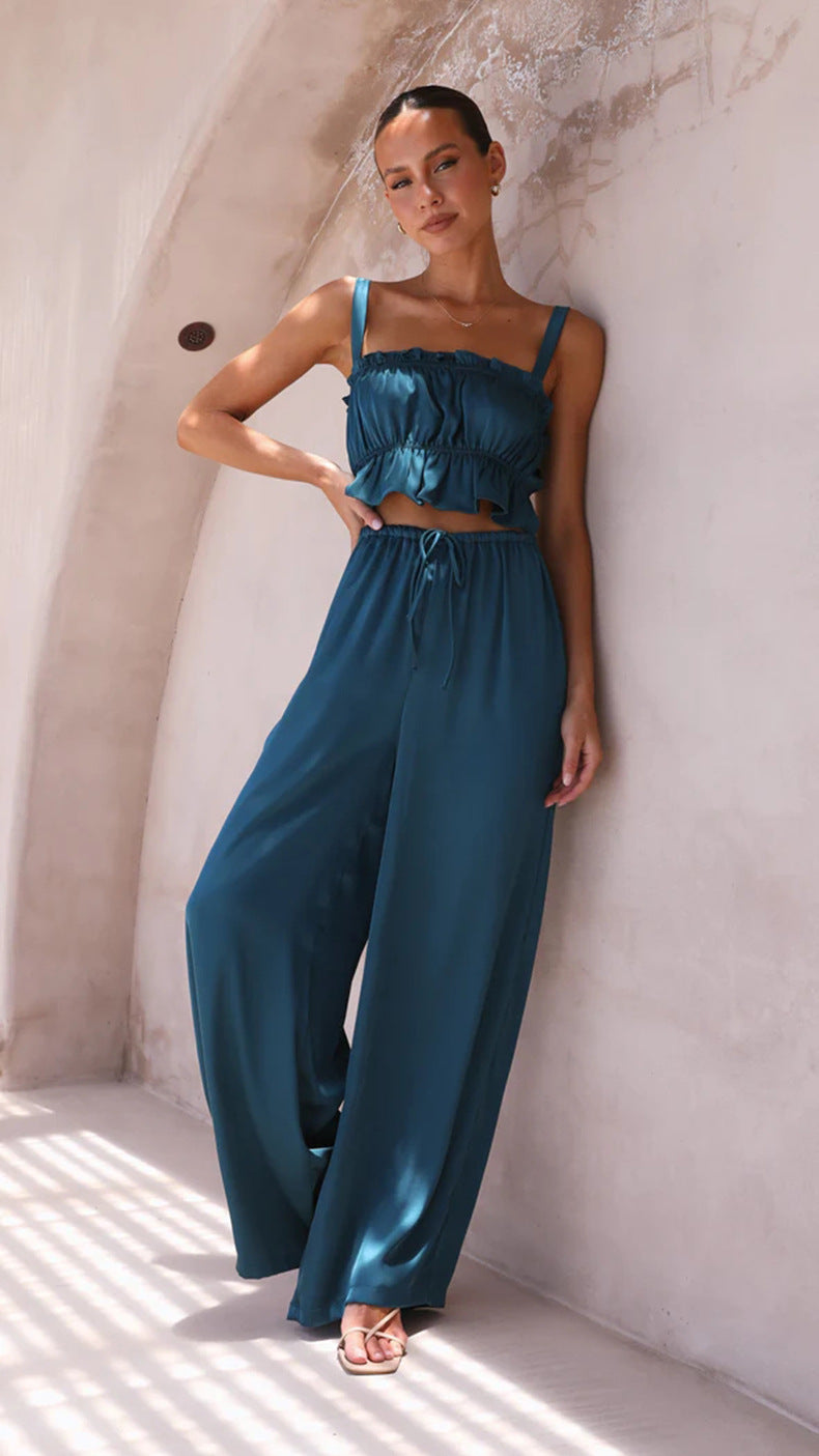 Summer Outfits | Spring Satin Outfits Wide Leg Pants 2-piece set