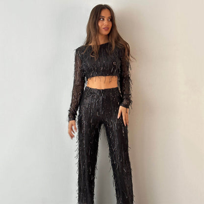 NYE Outfits 2024 | Long Sleeve Glitter Sequin Fringe Crop Top Pants Outfit 2-piece Set