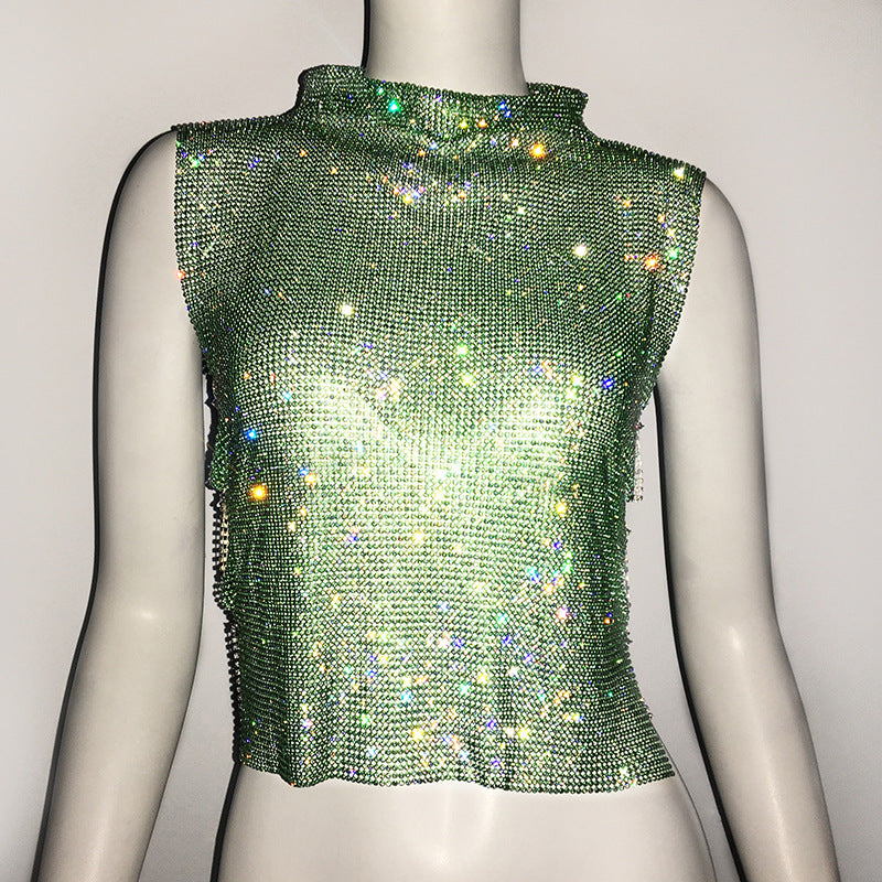 2023 Fashion Trends | Glitter Aesthetic Luxury Diamond Rhinestone Turtleneck Vest