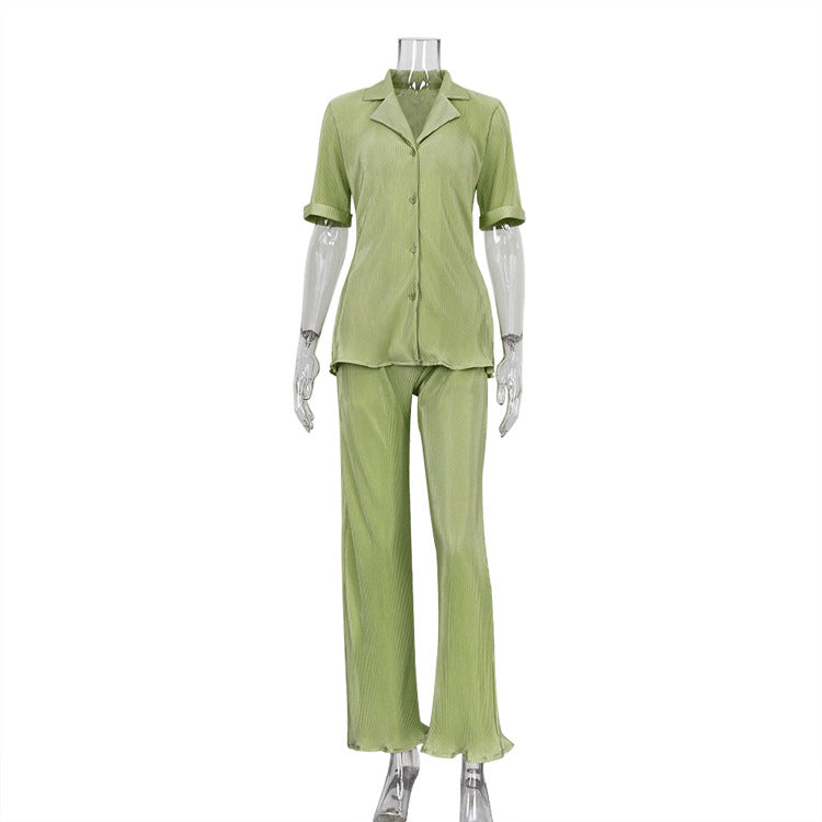 Spring Outfits 2022 | Green Aesthetic Vintage Pleated Shirt Pants 2-piece Set
