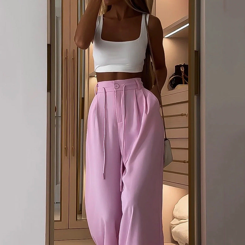 Pink Outfits | Crop Top Wide Leg Pants Pink Outfit 2-piece Set