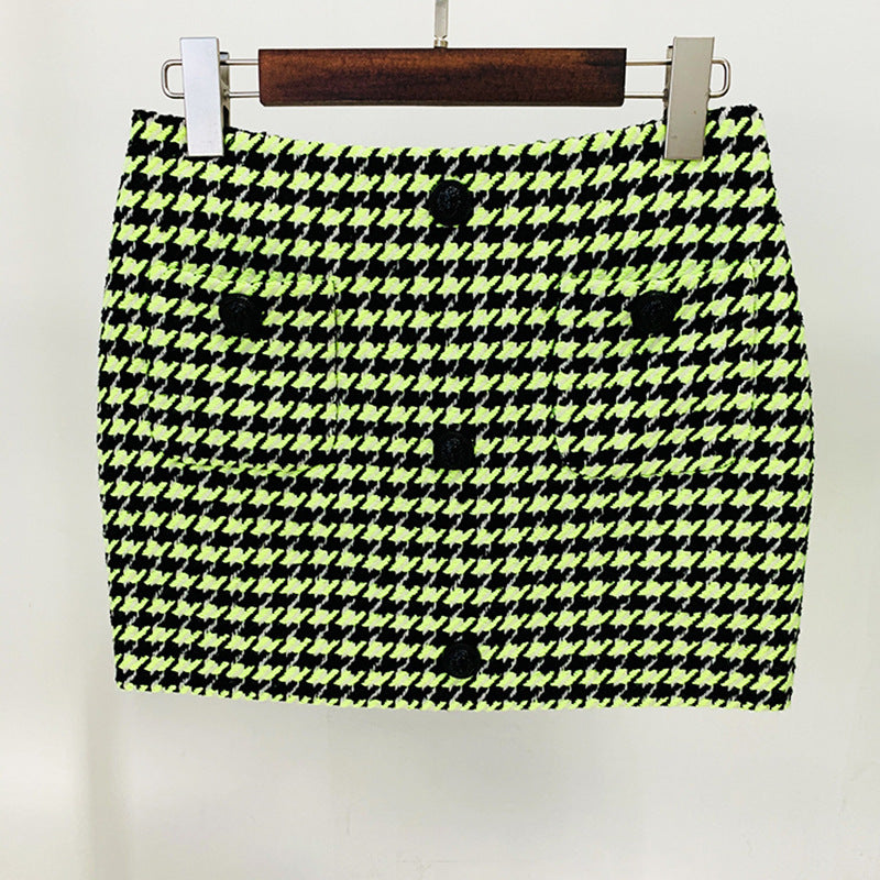 Fashion Outfits | Neon Yellow Houndstooth Blazer Mini Skirt Outfit 2-piece set