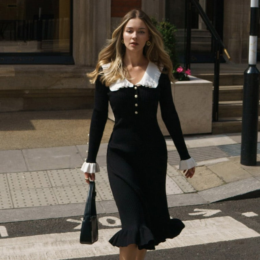 2024 Fashion Trends | Old Money Aesthetic Collar Knitted Ruffles Sweater Dress M / Black 2024 Fashion Trends | Old Money Aesthetic Collar Knitted Ruffles Sweater Dress M / Black