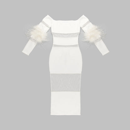 Runway Outfits | Feathers See Through Off Shoulder Dress